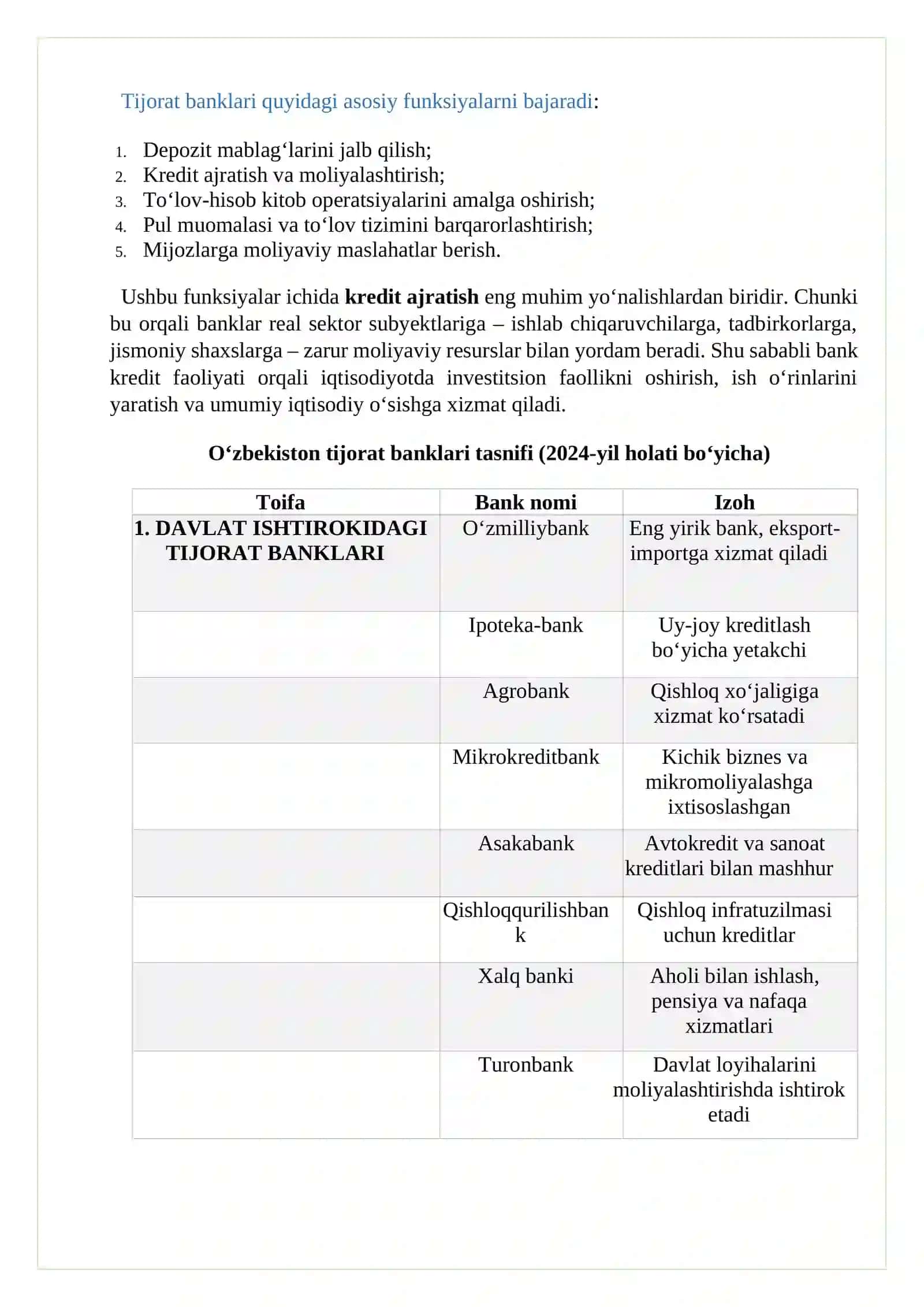 TIJORAT BANKLARNINGNING KREDIT PORTFELINI TAHLIL HISOBOTI (O‘ZMILLIYBANK (NBU)  MISOLIDA) 2