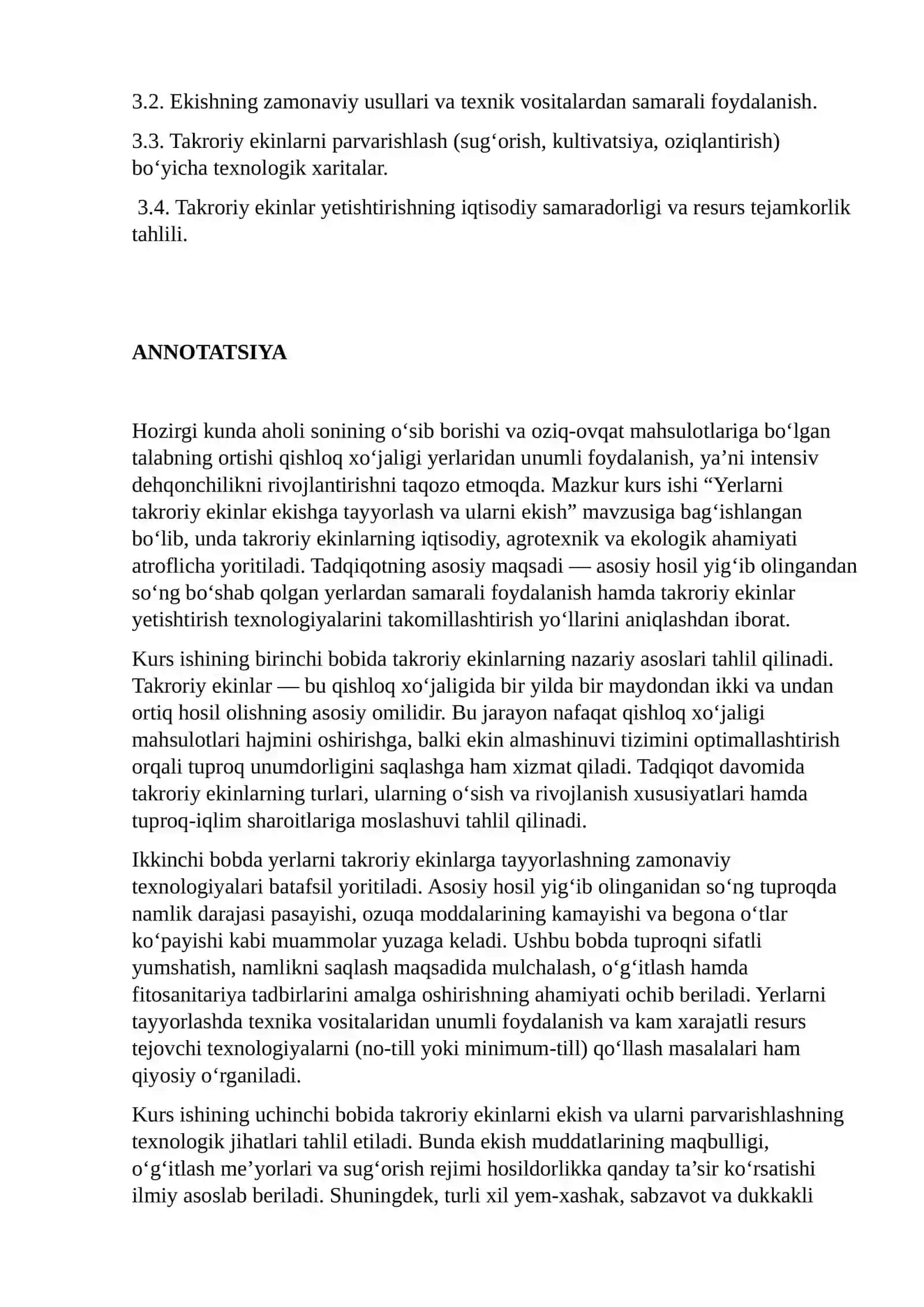 "Yerlarni takroriy ekinlar ekishga tayyorlash va ularni ekish" 2