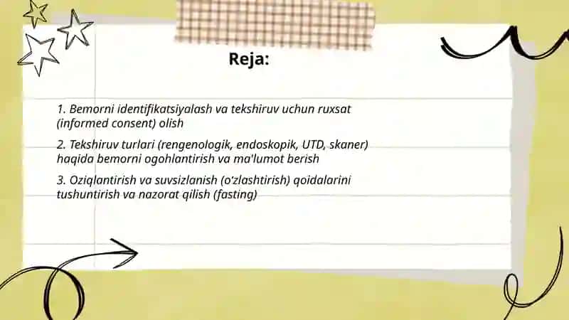 Bemorlarning instrumental rengenologik endoskopik UTD va skanerlash tekshiruvlariga tayyorlashda tibbiyot hamshirasining vazifasi 2