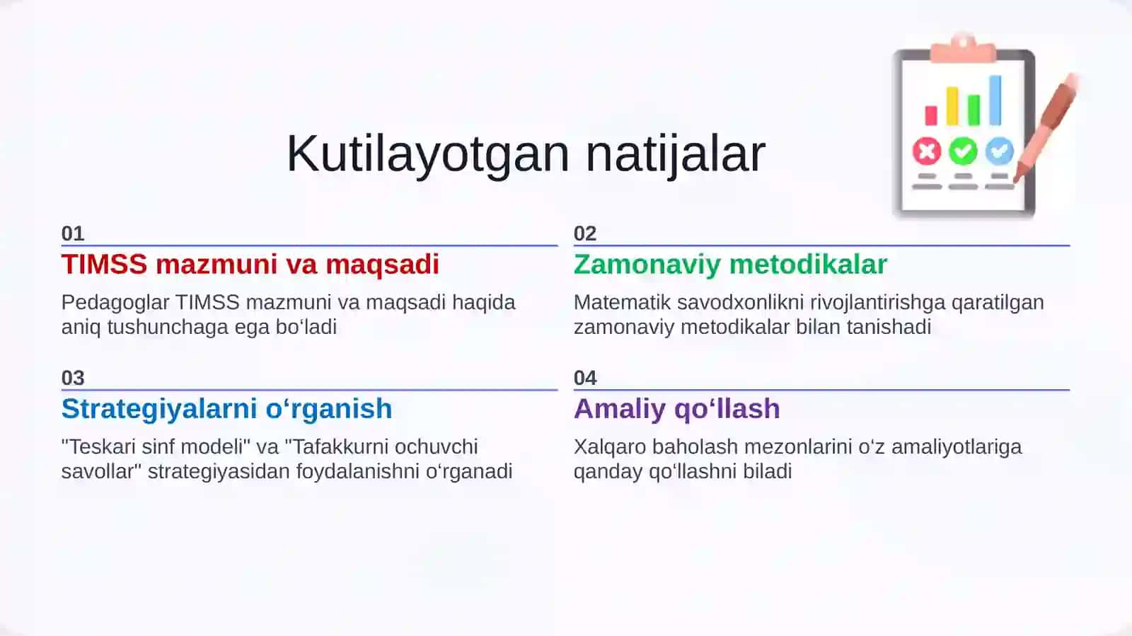 TIMSS xalqaro baholash dasturi: xalqaro mezonlar va o‘qitish strategiyalari 2