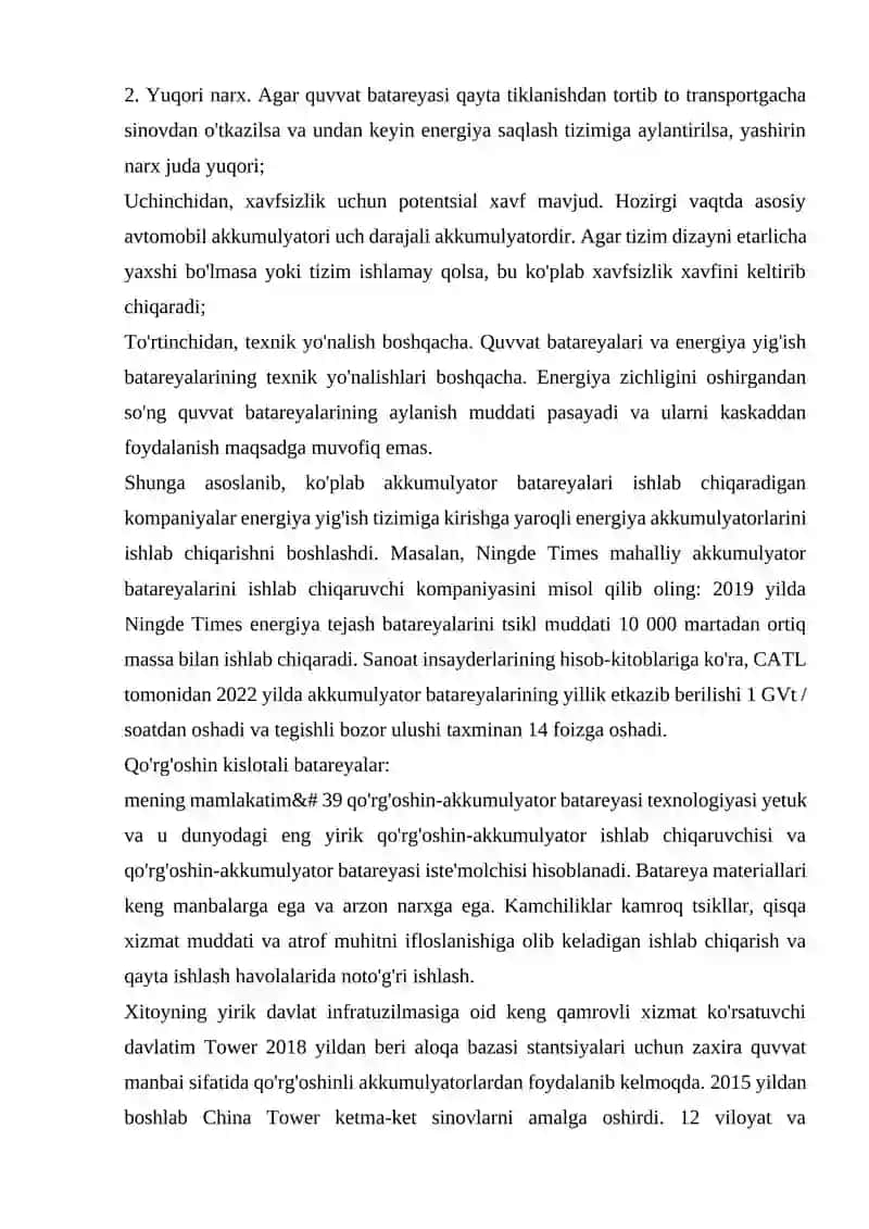ELEKTROKIMYOVIY ENERGIYA SAQLASH MOSLAMALARI (AKKUMULYATORLAR) VA ELEKTROKIMYOVIY GENERATORLARNI TANLASH 2