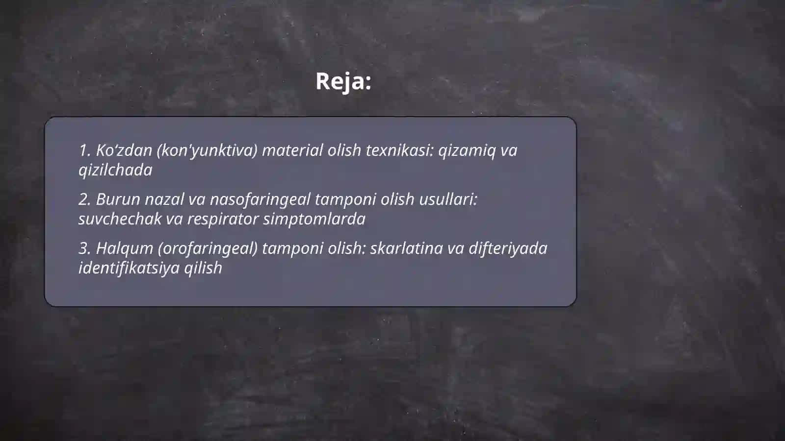 Qizamiq qizilcha suvchechak skarlatina tepki(paratit) Difteriya(boʻgʻma)Koʻkyoʻtal bilan ogʻrigan bemorlarni koʻzdan kechirish burun halqumdan tekshirish uchun material olish 2