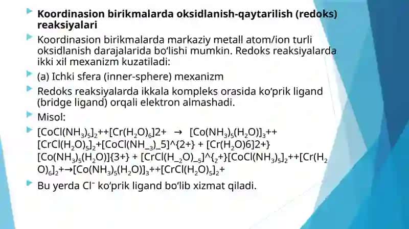 Kordinatsiyon birikmalarning oksidlanish-qaytarilish reaksiyalari. 2