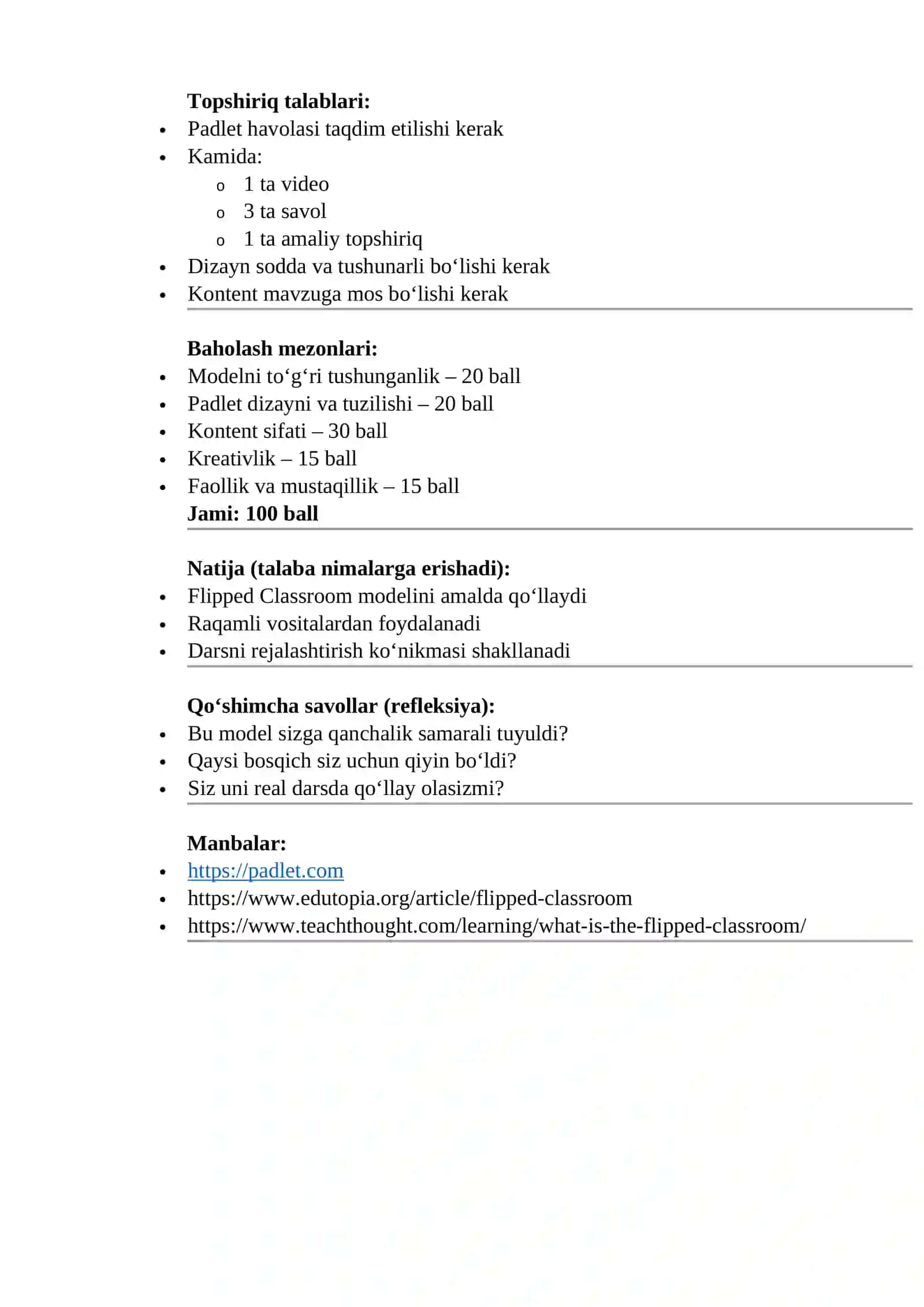 Flipped Classroom modelini Padlet dasturiy vositasi orqali tashkil etish 2