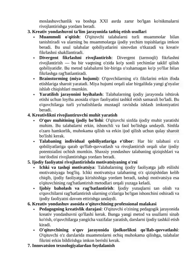 Kreativ yondashuv asosida talabalarning ijodiy faoliyatiga tayyorlashning pedagogik imkoniyatlari 2
