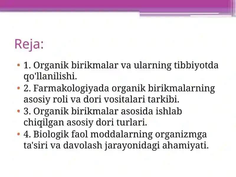 Organik birikmalarning tibbiyot va farmakologiyadagi ahamiyati 2