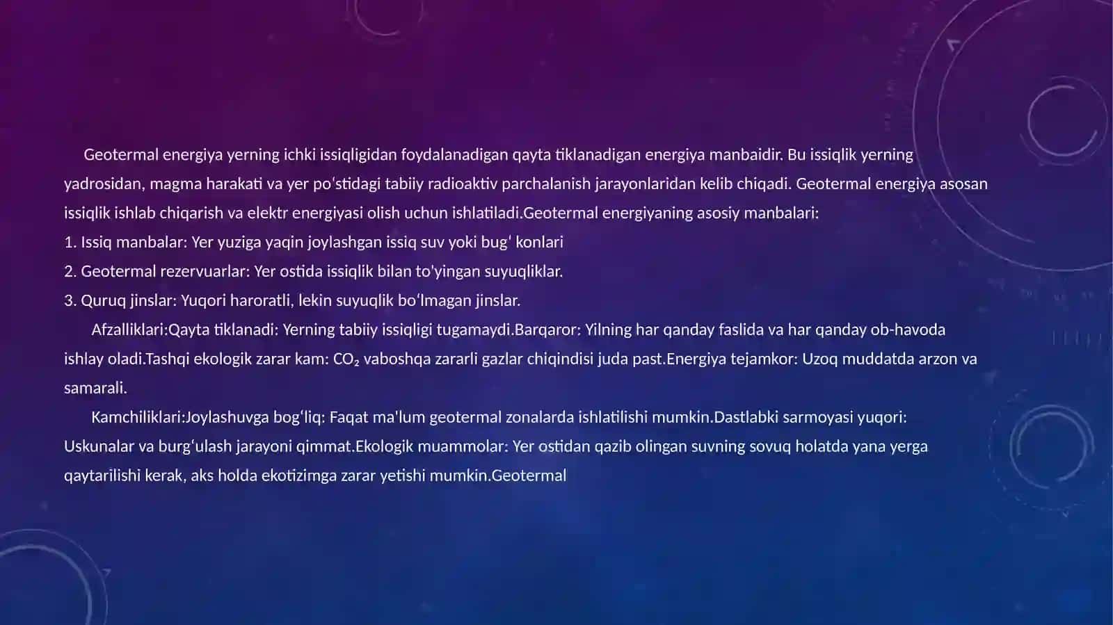 Geotermalenergiyasi manbalariniklassifikatsiyasi.Yerqobigʻiniissiqlik rejimi. Issiq suv bilantaʼminlashmaqsadidageotermalenergiyadan foydalanish.Geotermalissiqlik elektr stansiyalari va qozonlari 2