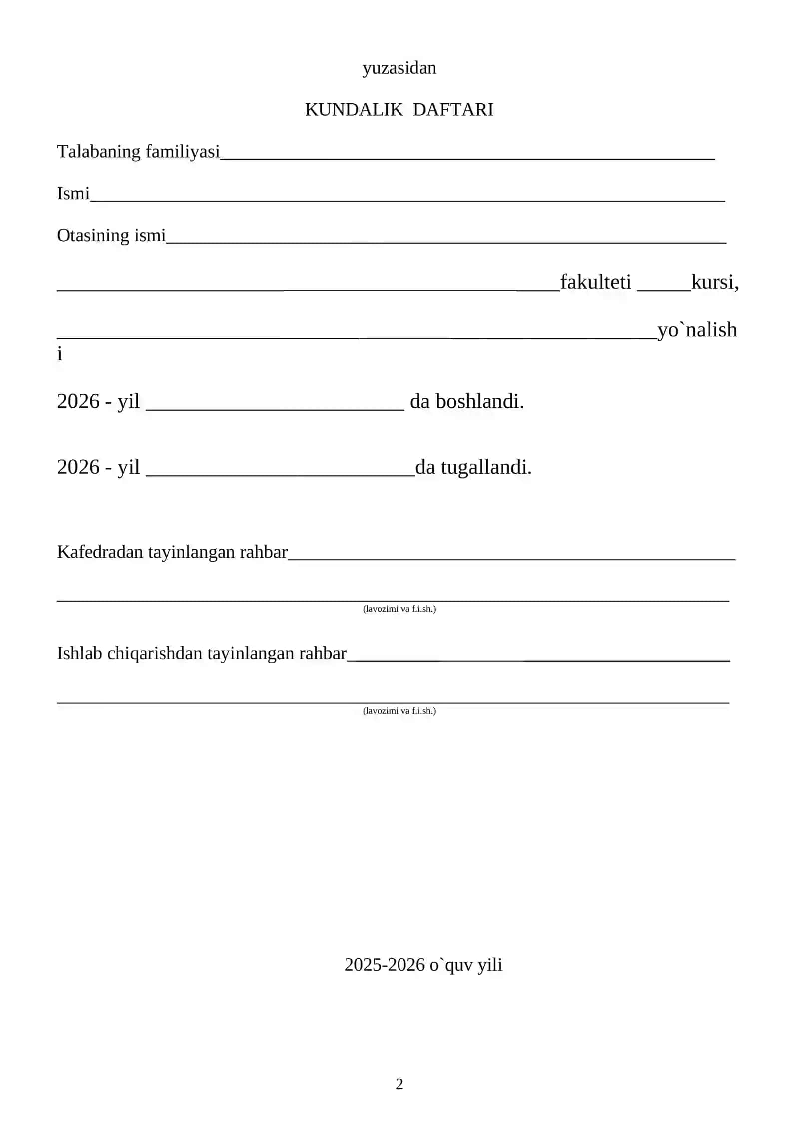 MALAKAVIY AMALIYOT KUNDALIK DAFTARI 2