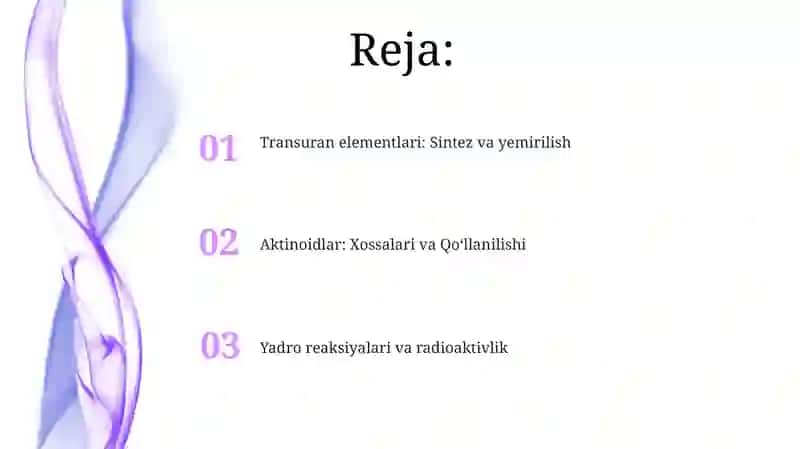 Aktinoidlar. Radiokimyo. Transuran elementlar. Tabiiy va sun'iy radiofaollik 2