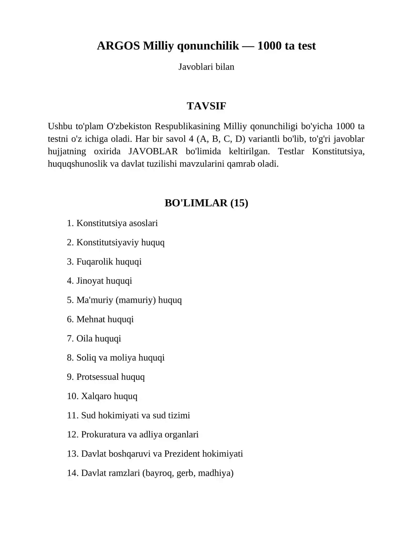 Argos Milliy qonunchilik — 1000 ta test 2