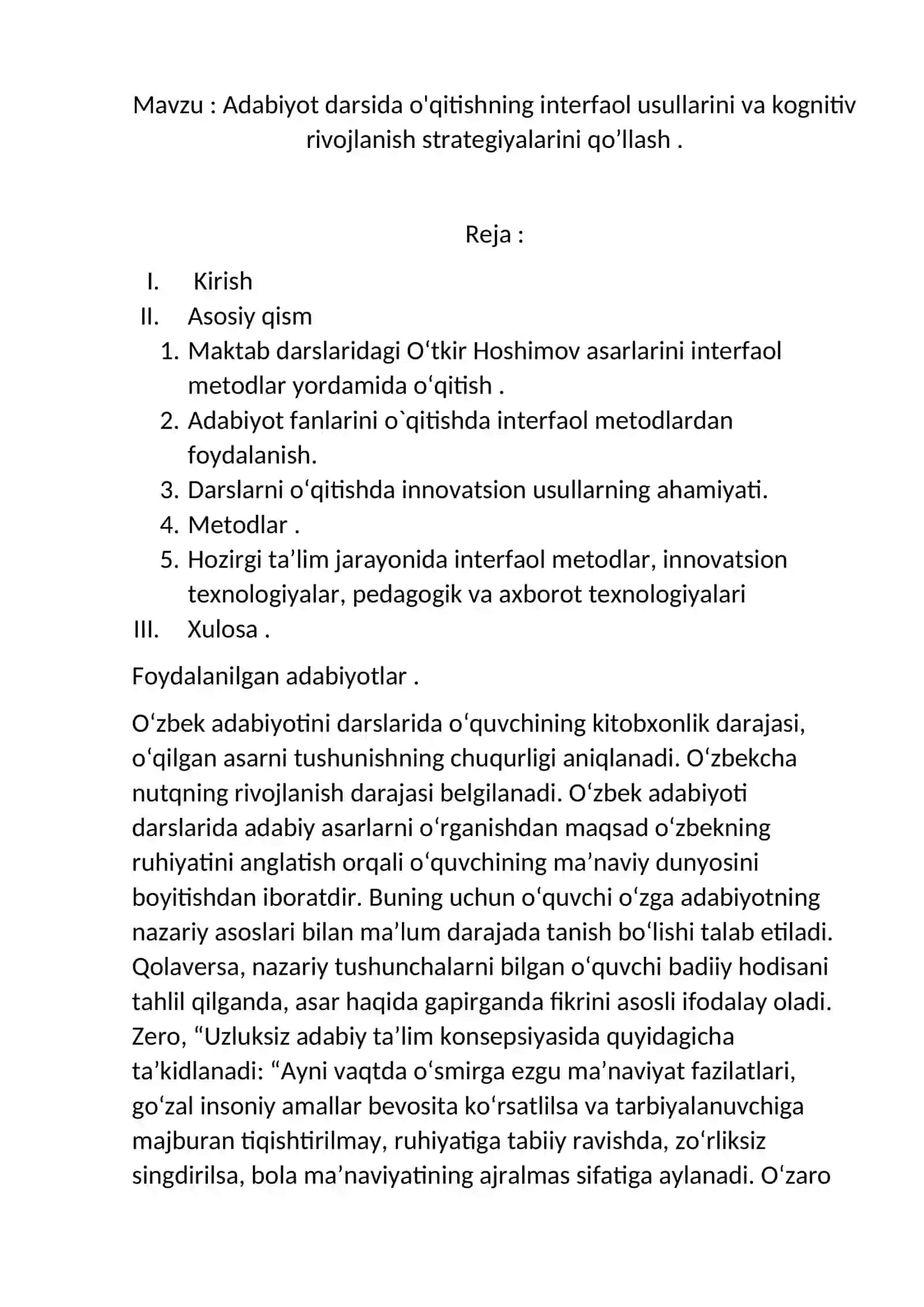 Adabiyot darsida o'qitishning interfaol usullarini va kognitiv rivojlanish strategiyalarini qo’llash 2
