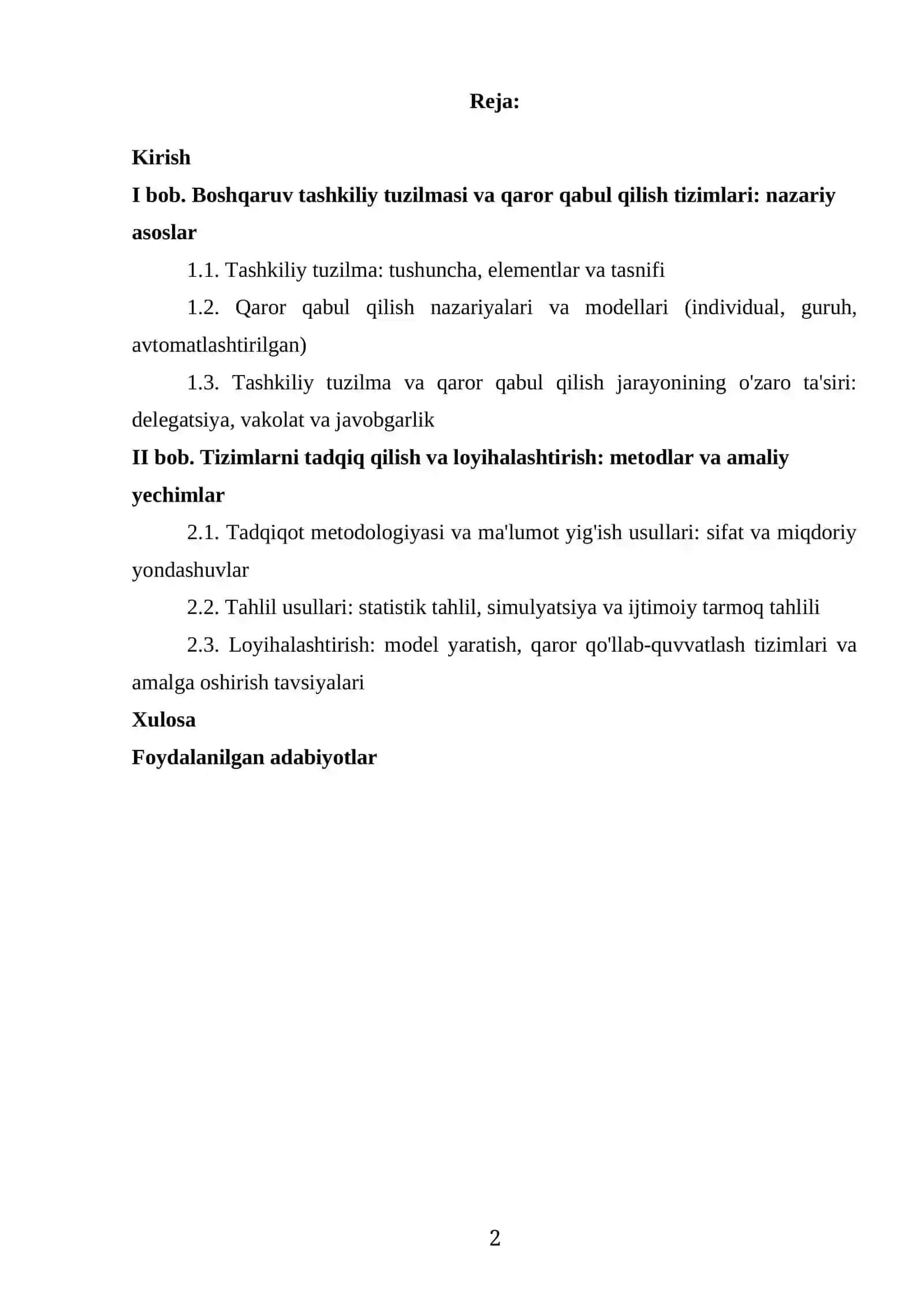 BOSHQARUV TASHKILIY TUZILMASI VA QAROR QABUL TIZIMLARNI TADQIQ QILISH VA LOYIHALASHTIRISH 2