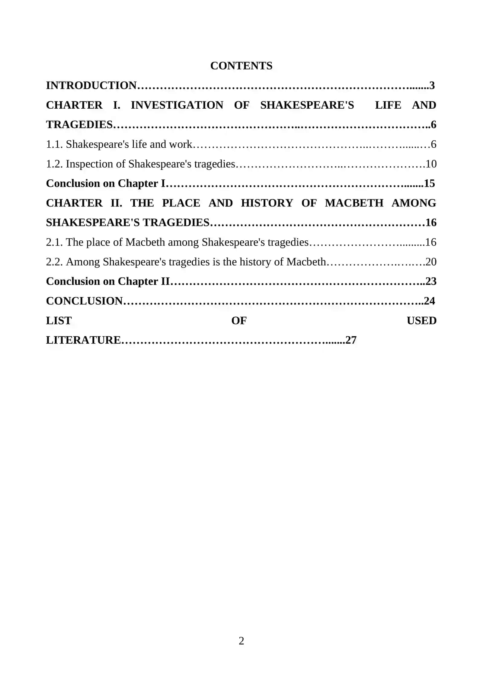 COURSE WORK "THE DESCRIPTION OF TRUTH IN W. SHAKESPERE’S TRAGEDIES" 2