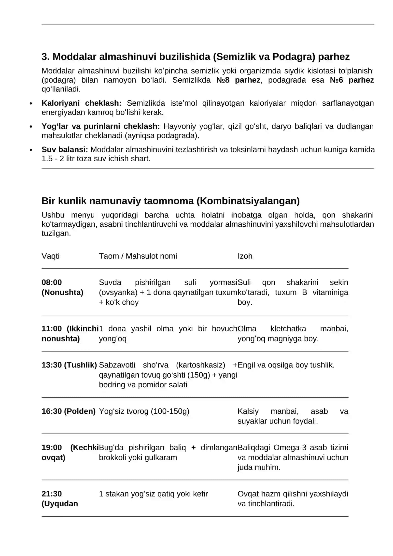 Asab, qandli diabet va moddalar almashinuvi buzulgan kasalliklarda taomnoma tuzish 2
