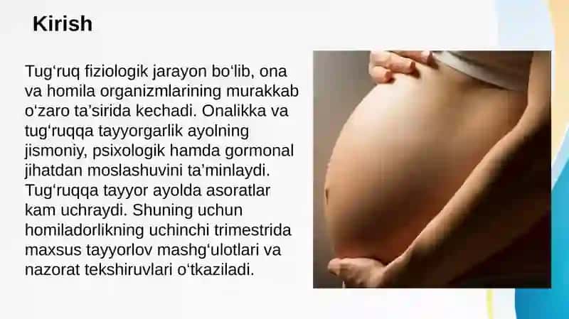 Onalikka va tug’ruqqa tayyorgarlik. Tug’ruq. Tug’ruq davrlari. Partogrammani olib borish. Tug’ruqning III davrini faol olib borish. Chaqaloqlar holatini Apgar shkalasida baholash. Ensa oldingi va orqa turida tug’ruq biomexanizmi. Chaqaloqlarni birlamchi ishlov berish 2