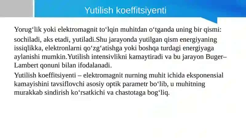 Ber-Buger qonunini hisoblab chiqarish va yutilish koeffitsiyentini tahlil qilish 2