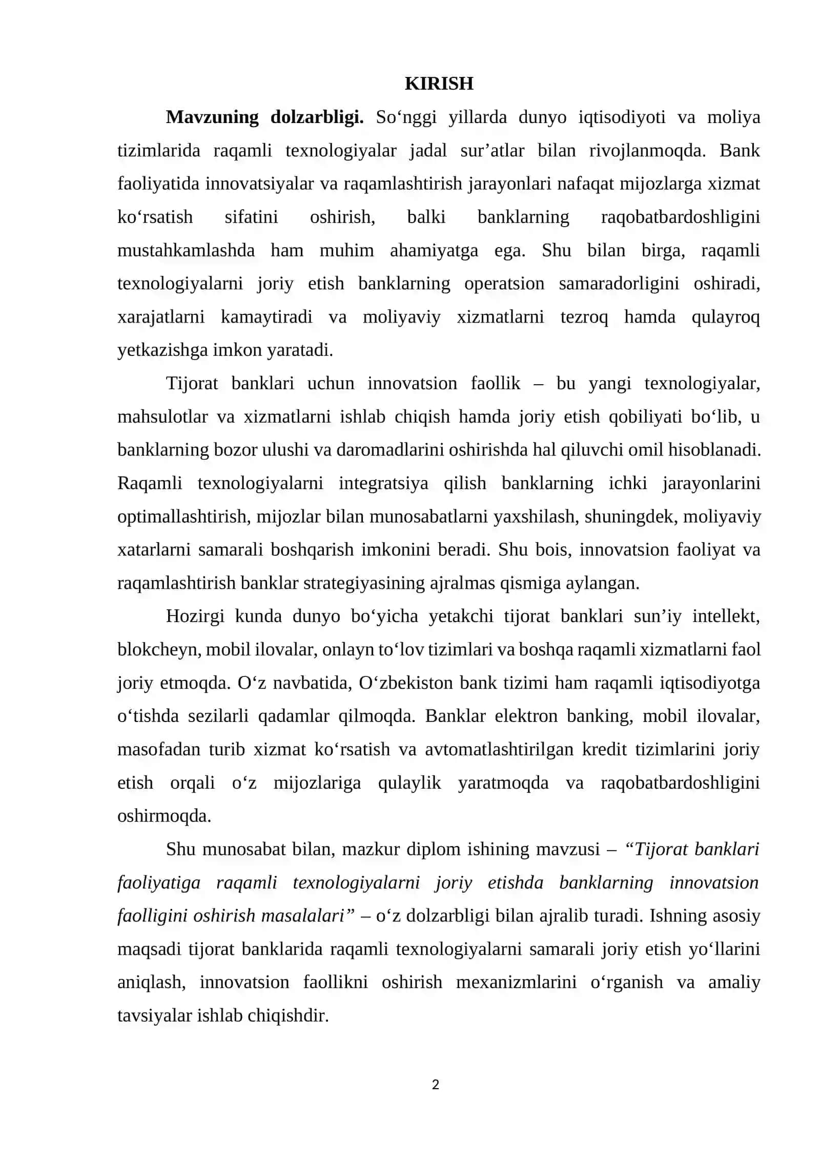 Tijorat banklari faoliyatiga raqamli texnologiyalarni joriy etishda banklarning innovatsion faolligini oshirish masalalari 2