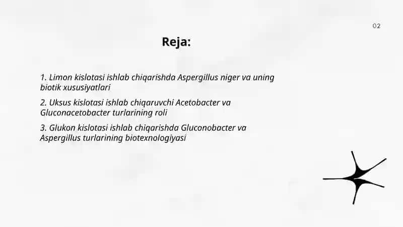 Oziqa kislotalari(limon kislota, uksus kislota, glukon kislota) olish biotexnologiyasi Abduraimov Mamasharif 2