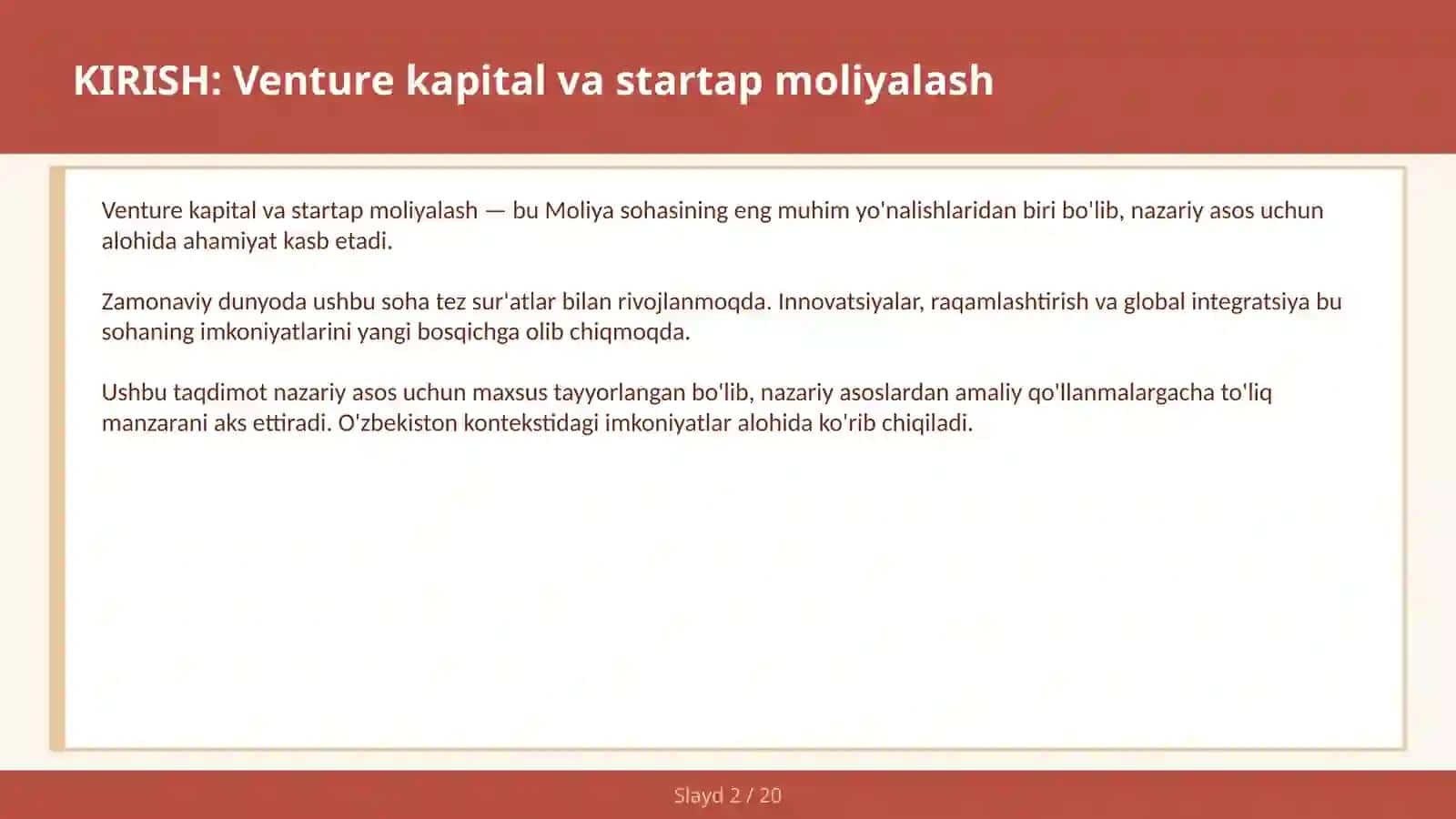 KIRISH: Venture kapital va startap moliyalash 2