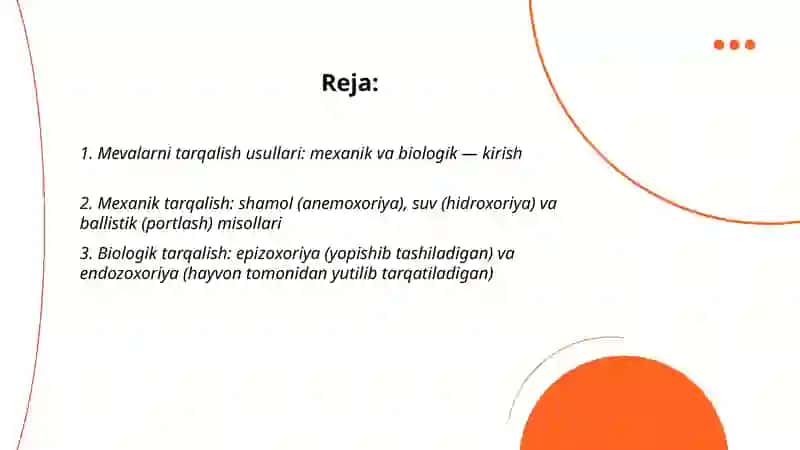 Mevalarni mexanik va biologik tarqalish usullariga qarab guruhlash va ko'rgazma qilish 2