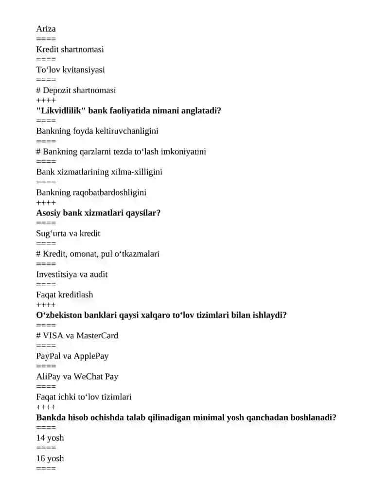 Bank ishi fanidan test savollari javoblari bilan 2