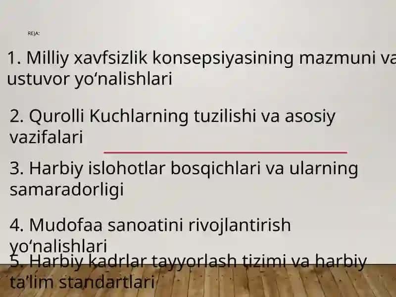 Oʻzbekiston Respublikasi mudofaa qobiliyati. Oʻzbekistonda madaniy obyektlar va ularning faoliyati tasnifi. Oʻzbekistonda itimoiy- iqtisodiy sohalarni innovatsion rivojlantirish va raqamlashtirish odimlari. Oʻzbekistonda ijtimoiy sohada amalga oshirilayotgan oʻzgarishlar. 2