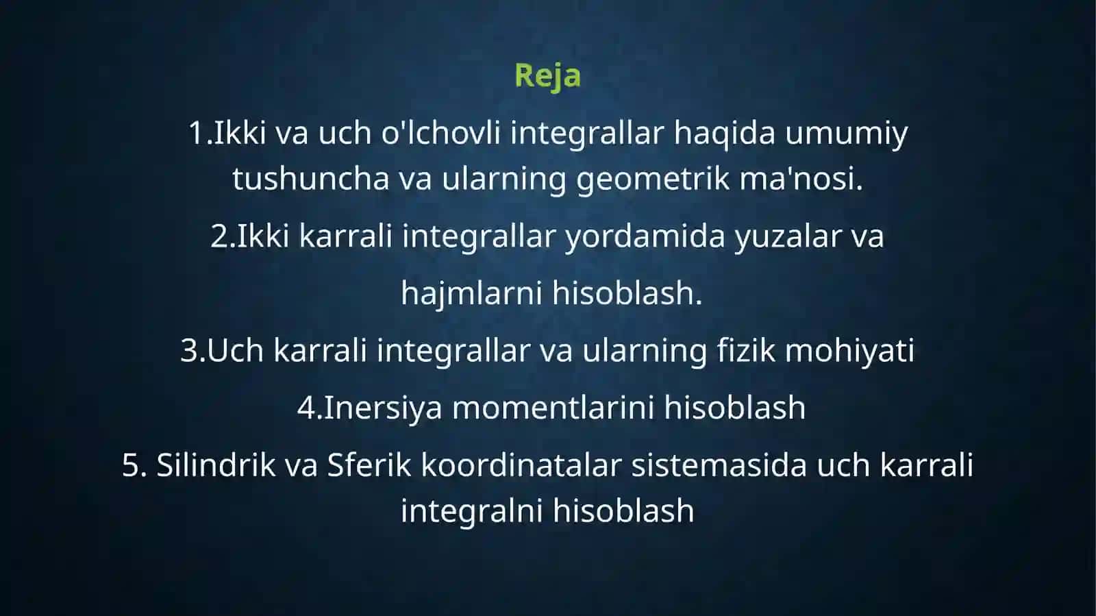 IKKI VA UCH O’CHOVLI INTEGRALLARNI GEOMETRIYA VA MEXANIKA MASALALARINI YECHISHGA TADBIQLARI 2