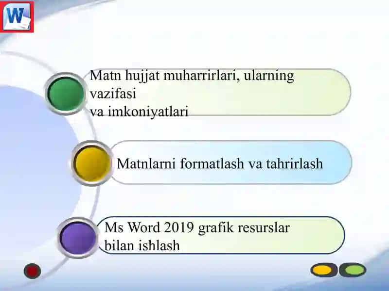 Matn muharrirlari, ularning vazifasi va imkoniyatlari, matnli axborotlarni qayta ishlash texnologiyalari 2