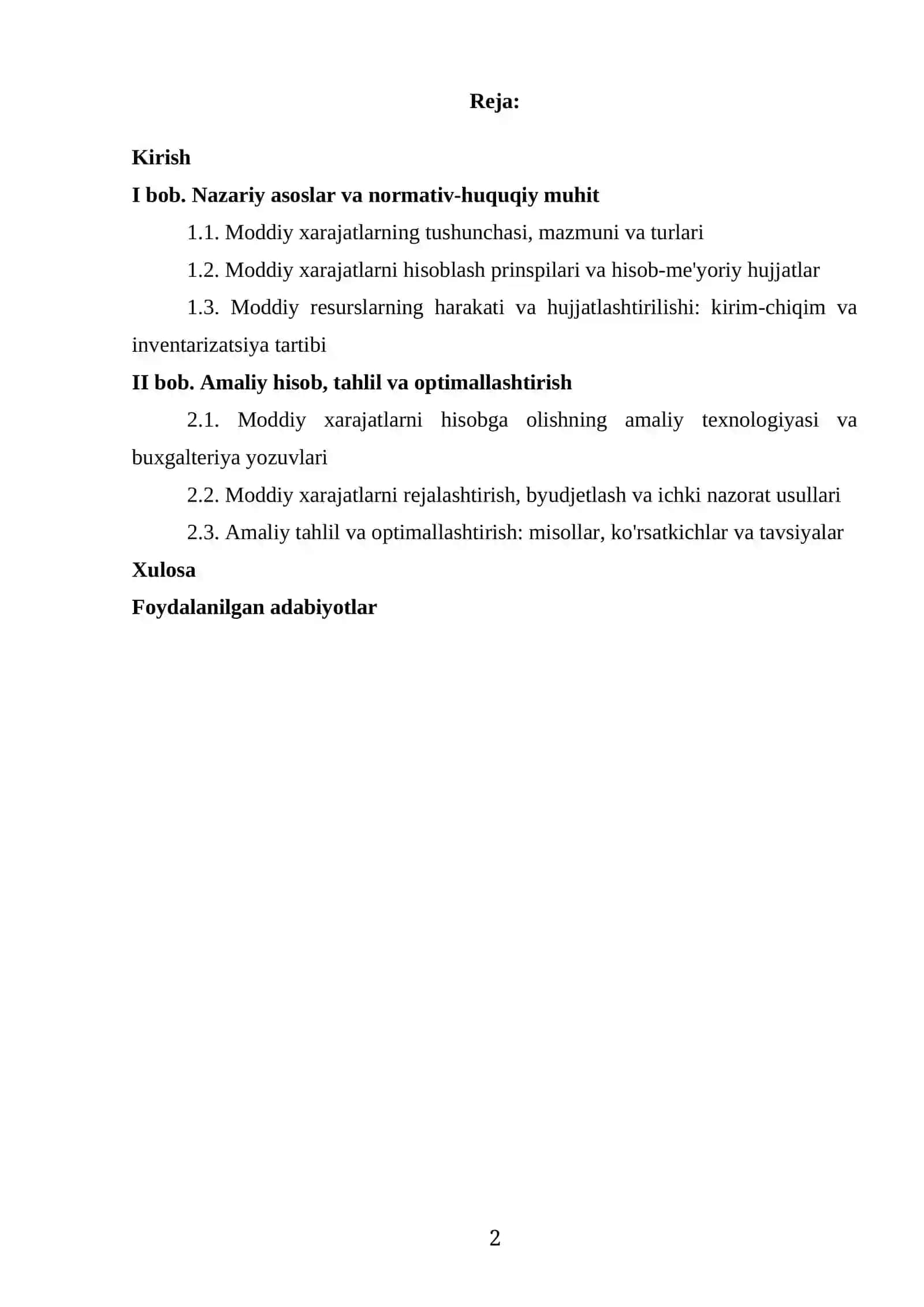 MODDIY XARAJATLAR HISOBI MAVZUSIDA TAYYOR KURS ISHI 2