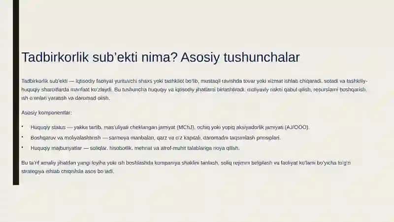 Tadbirkorlik subyektlari turlari va ahamiyati slayd 2