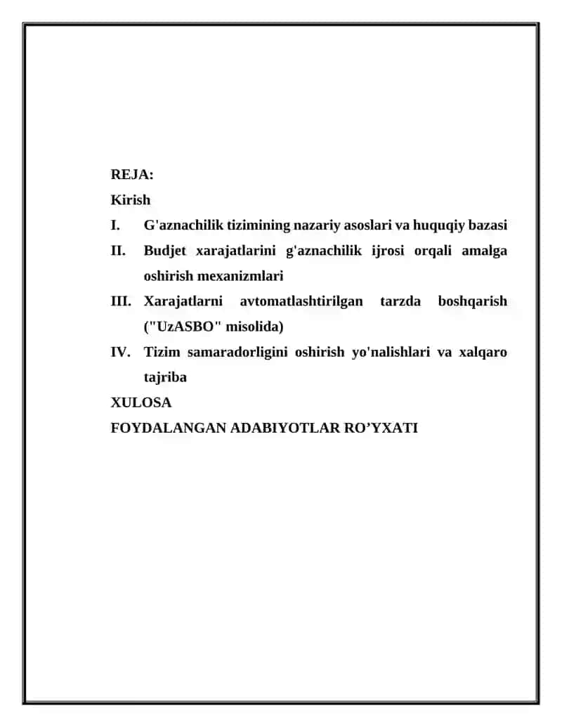 G’aznachilik tizimida byudjet tashkilotlari xarajatlari to’lov tizimini takomillashtirish 2