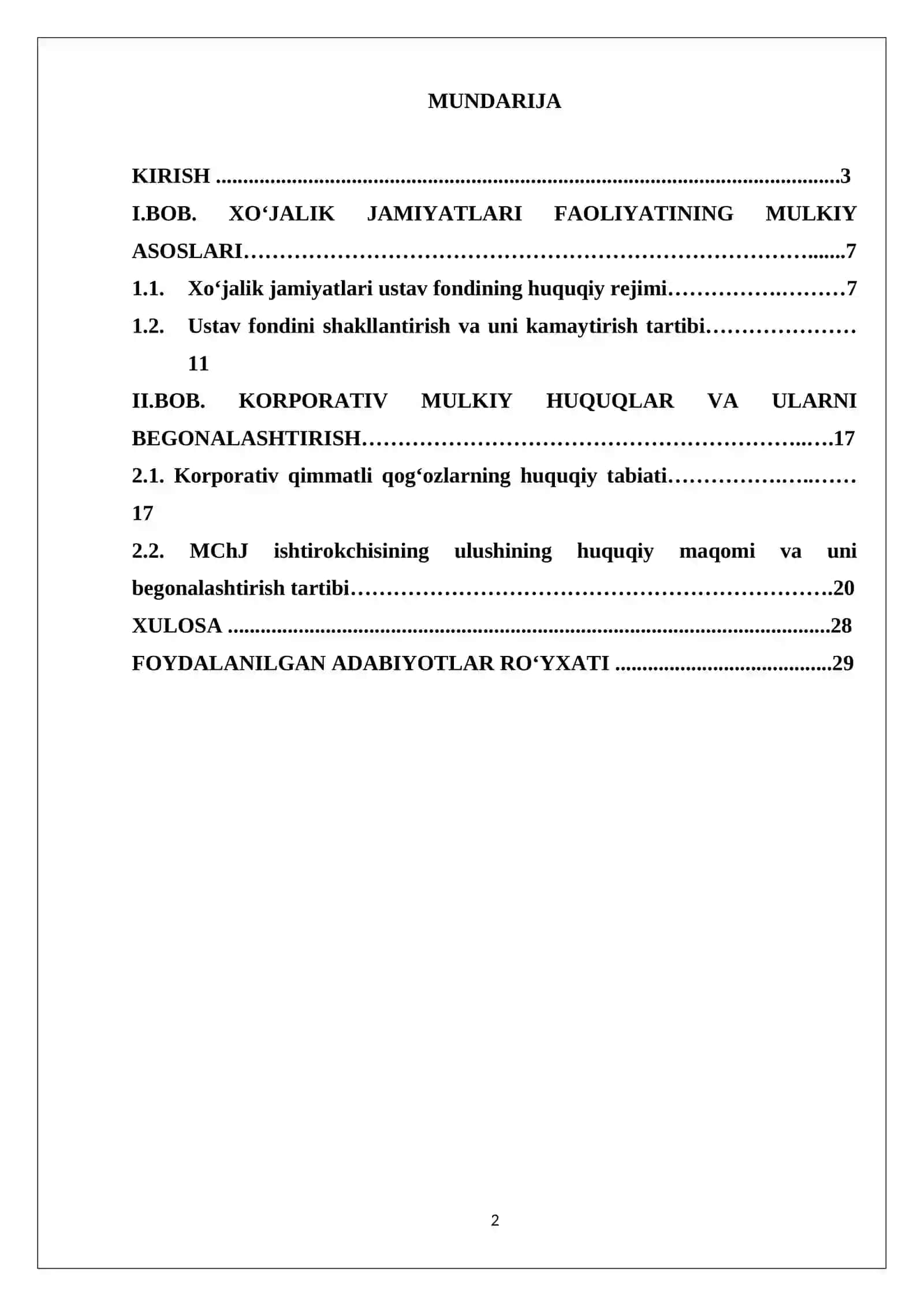 "Biznes / korporativ huquqi XO‘JALIK JAMIYATLARI FAOLIYATINING MULKIY ASOSLARI 2