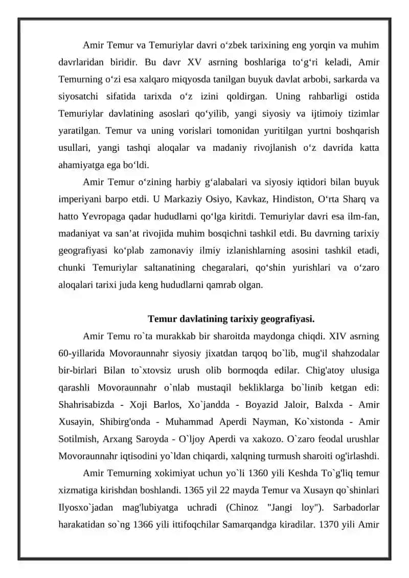 Amir Temur va Temuriylar davlati tarixiy geografiyasi (14-15 asrlar) 2