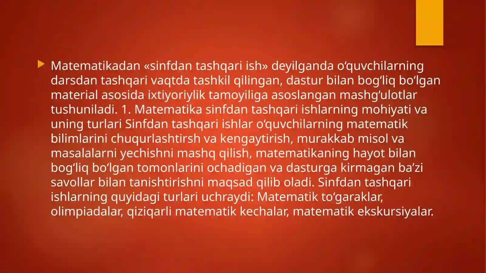 Matematika darslarida sinfdan tashqari ishlarni tashkil etish 2