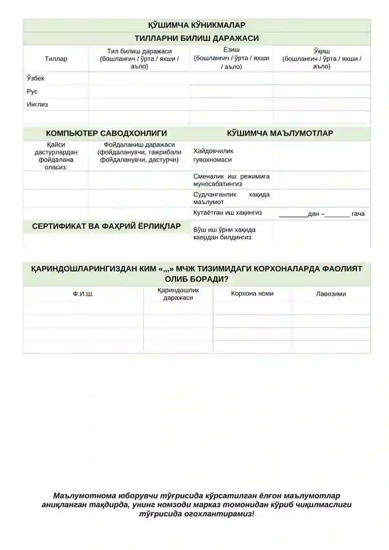 Ish uchun rezume, o'zbekcha 2