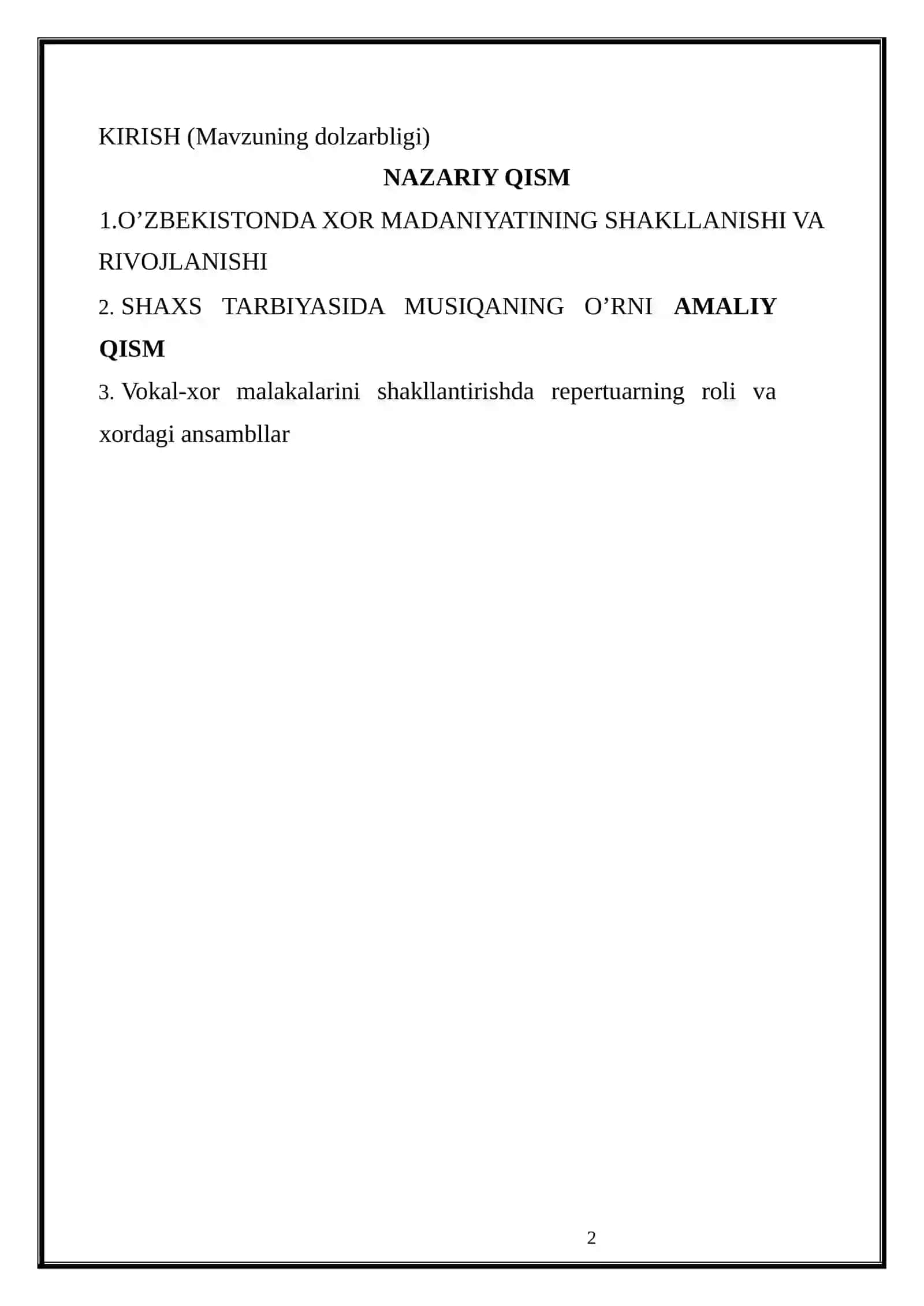 “O‘ZBEKISTONDA XOR MADANIYATINING SHAKLLANISHI VA RIVOJLANISHI” MAVZUSIDAGI KURS ISHI 2