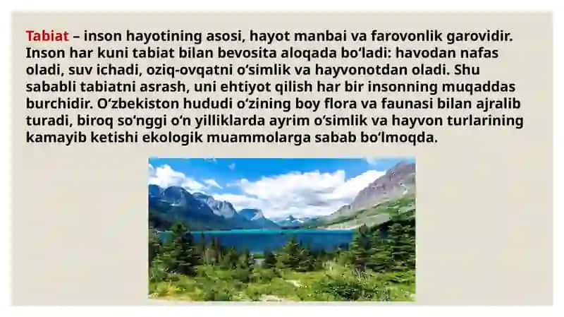 Òzbekistondagi o'simlik va hayvonlarni muhofaza qilish va ularidan oqilona foydalanish Reja 2