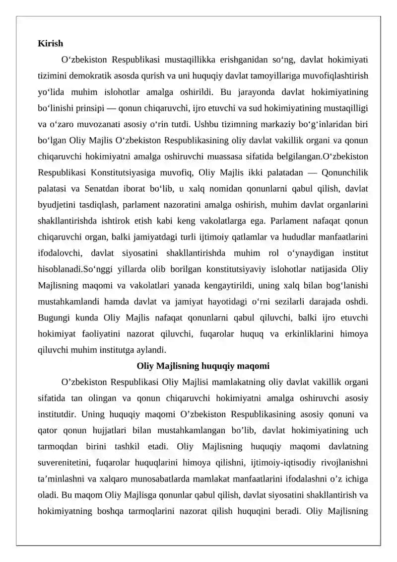 Oliy Majlisning davlat hokimiyati tizimidagi o’rni va vazifasi 2