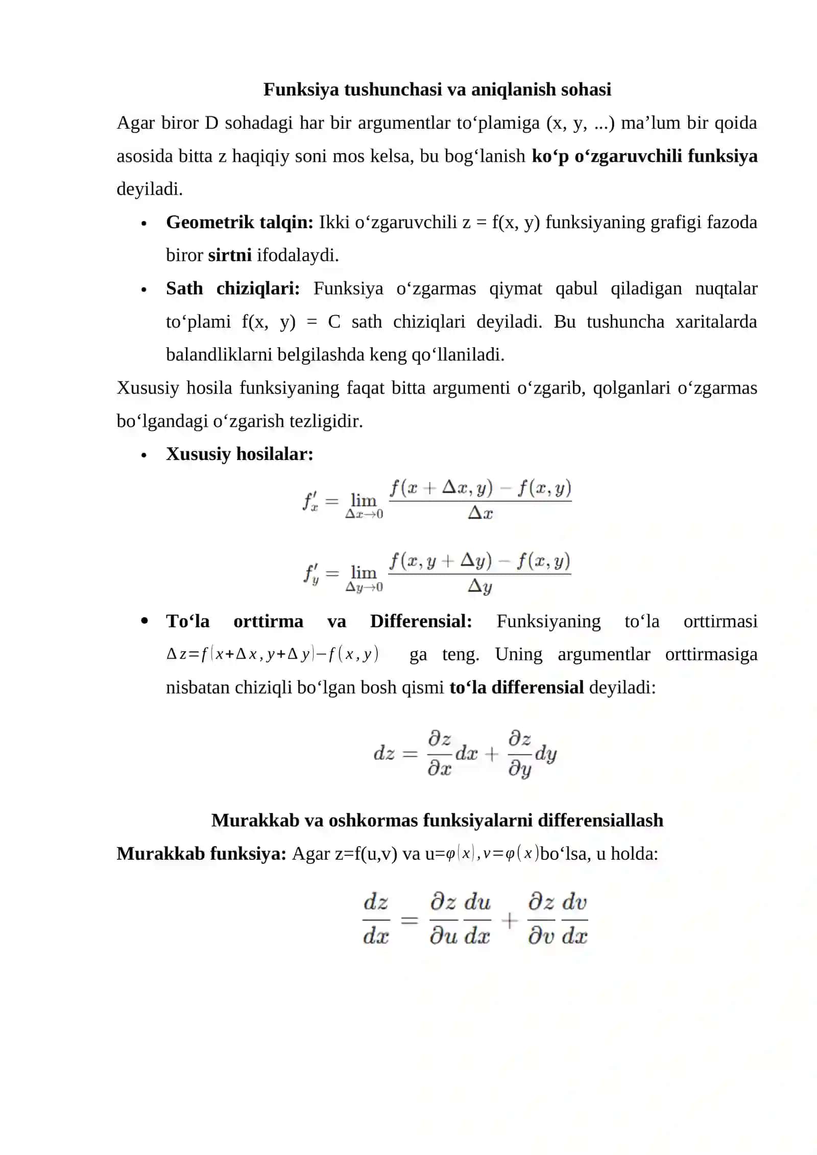 Ko‘p o‘zgaruvchili funksiya. Xususiy hosilalar, to‘la differensial 2