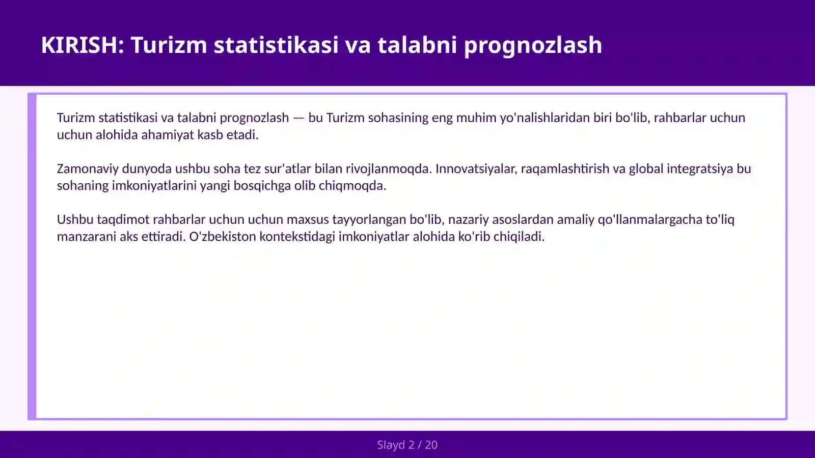 TURIZM STATISTIKASI VA TALABNI PROGNOZLASH 2