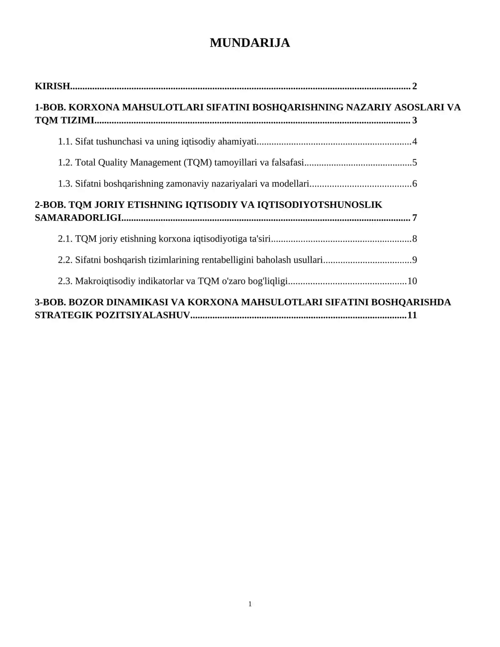 Korxona mahsulotlari sifatini boshqarish (TQM — Total Quality Management tizimi). 2