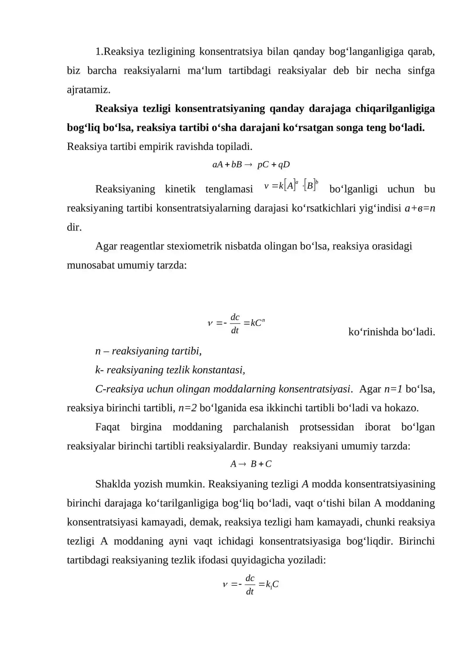 Reaksiyalarning tartibi va molekulyarligi bo'yi 2