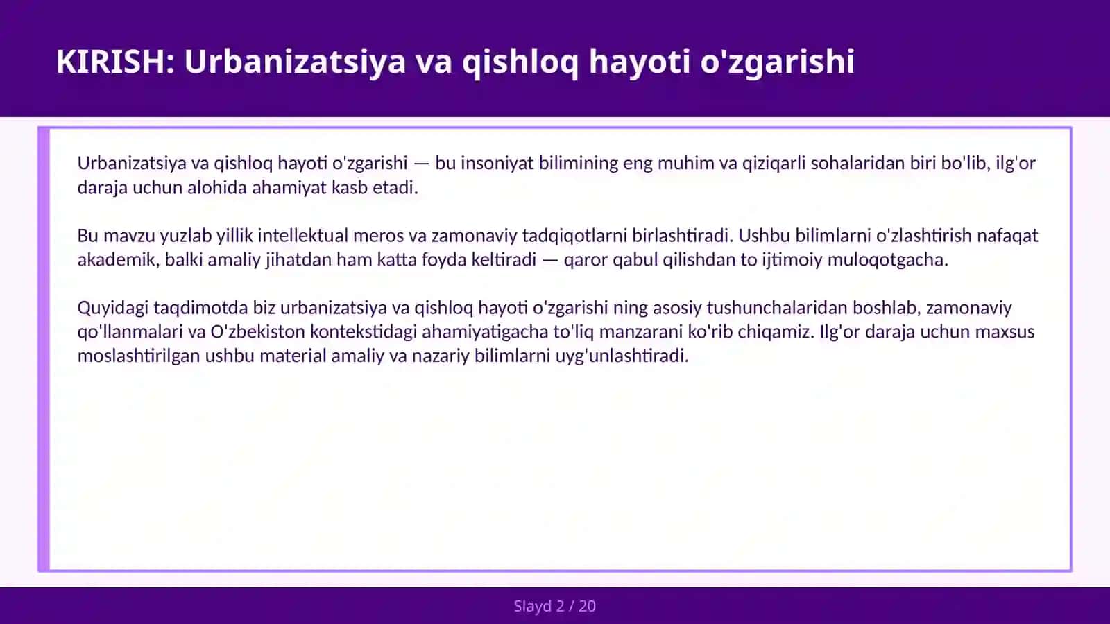 Urbanizatsiya va qishloq hayoti o'zgarishi 2