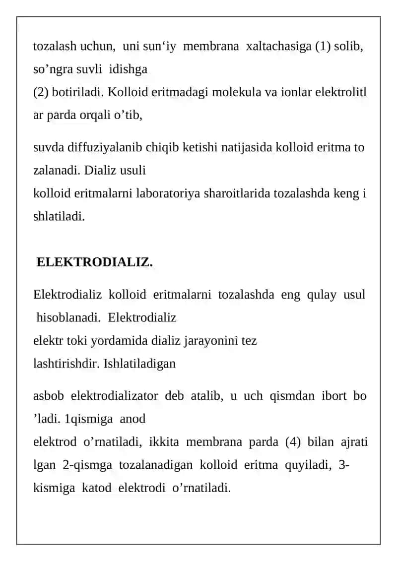 Kolloid sistemalarini dializ usuli bilan tozalash 2