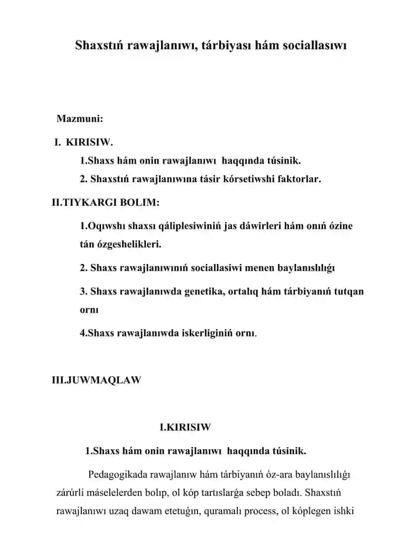 Shaxstiñ rawajlaniwi, tàrbiyasi ham sociallasiwi 2