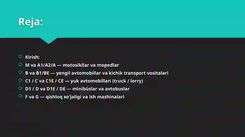 Avtomototransport Vositalari Haydovchilarini Tayyorlash va Qayta Tayyorlash Toifalari 2
