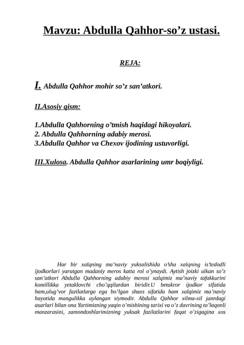 Abdulla Qahhor-so’z ustasi Kurs ishi 2