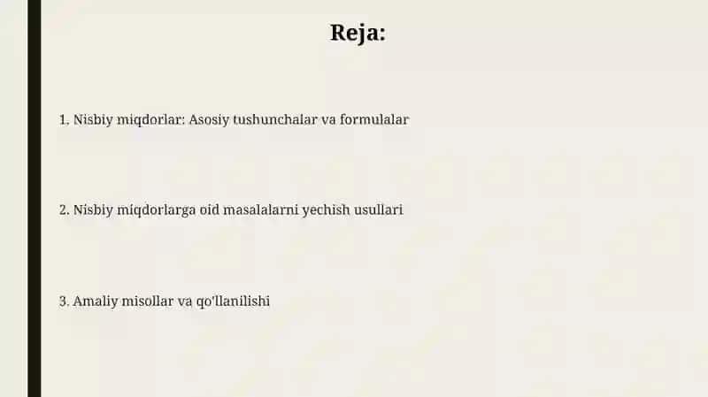Nisbiy miqdorlar va ularni hisoblash bo'yicha masalalar yechish 2