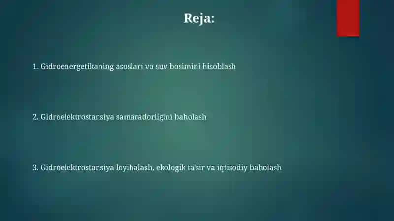 Toʻgʻonlardagi suv quvvatini hisoblash va gidroenergetika samaradorli 2