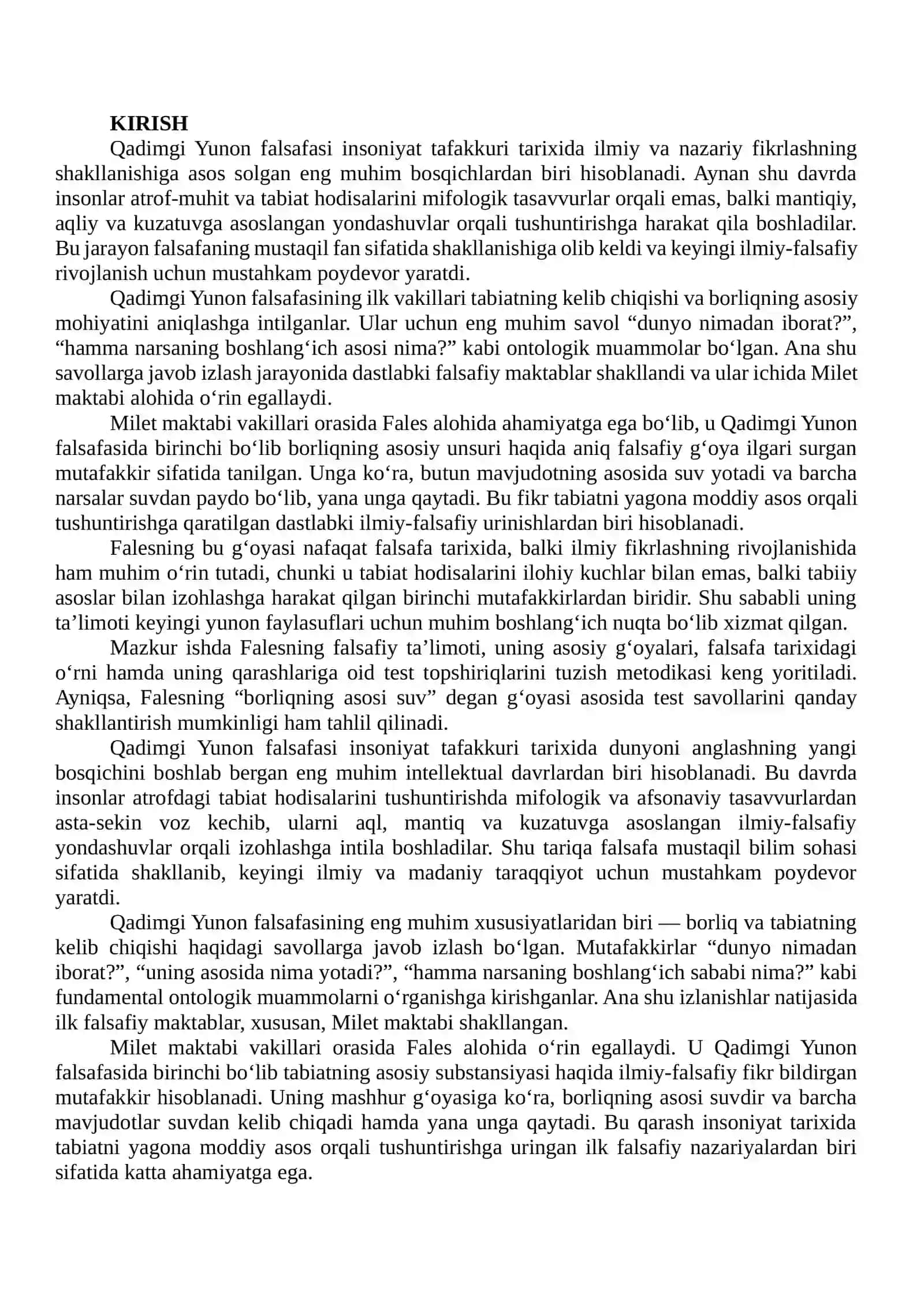 Fales falsafiy ta’limotiga oid test topshiriqlarini tayyorlash 2